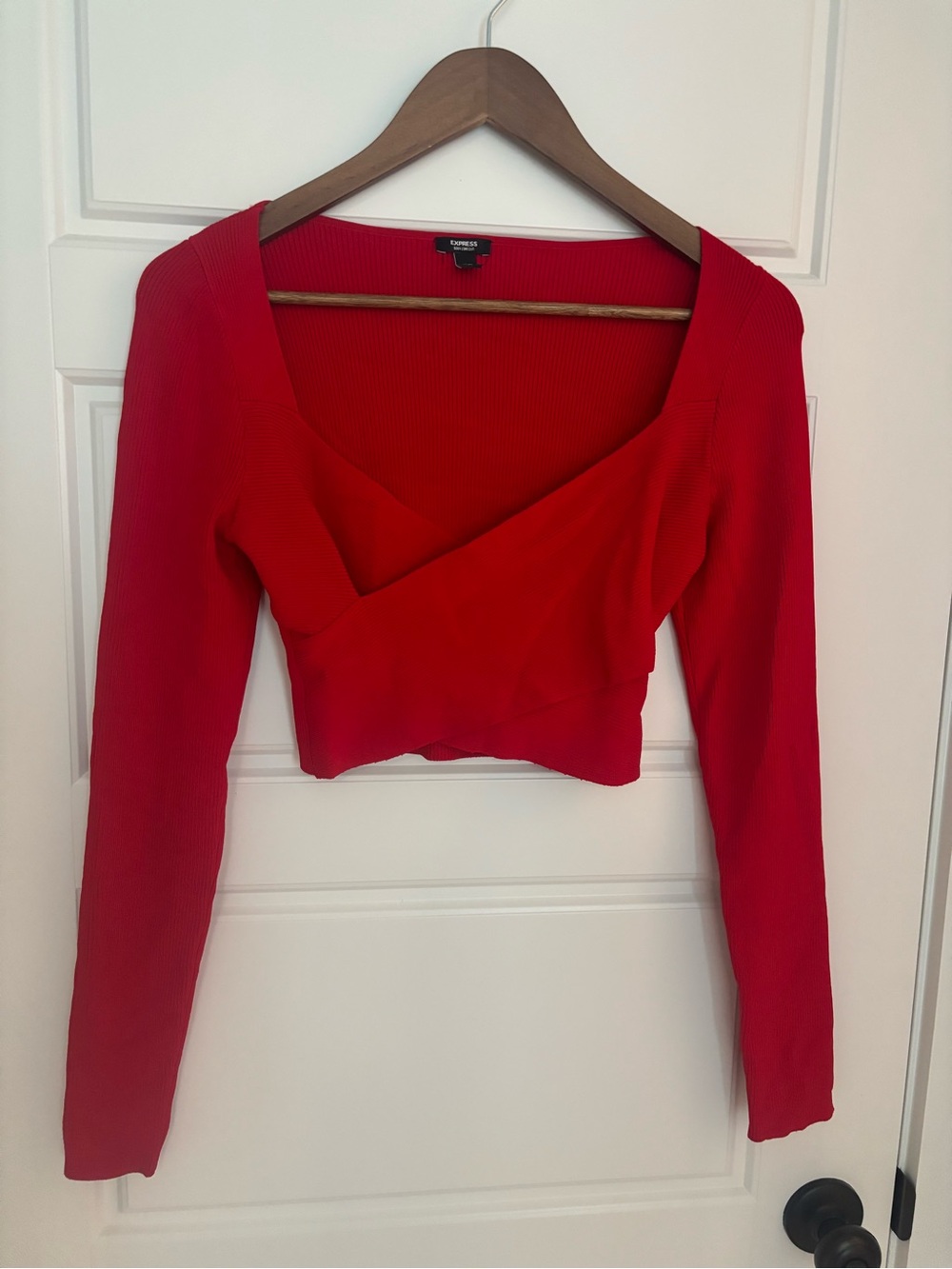 Express Red Ribbed Body Contour Wrap Long-Sleeve Crop Top